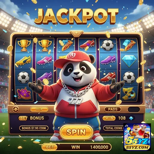 Panda feliz em um cassino, simbolizando a sorte no 55yz Jackpot.