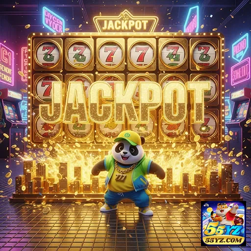 Imagem do jogo Jackpot Panda Slots no site 55yz, mostrando símbolos e roletas vibrantes.